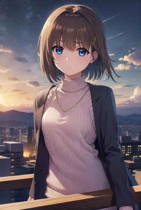 hayateyagami, <lora:hayate yagami v2-lora-nochekaiser:1>,
hayate yagami, yagami hayate, short hair, blue eyes, brown hair, hair ornament, x hair ornament,
BREAK sweater, pink sweater, turtleneck, long sleeves,
BREAK outdoors, night, sky, starry sky, star \(sky\), moon,
BREAK looking at viewer, (cowboy shot:1.5),
BREAK <lyco:GoodHands-beta2:1>, (masterpiece:1.2), best quality, high resolution, unity 8k wallpaper, (illustration:0.8), (beautiful detailed eyes:1.6), extremely detailed face, perfect lighting, extremely detailed CG, (perfect hands, perfect anatomy),