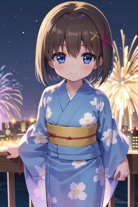 masterpiece,best quality,ultra detail,1girl, 14yo,petite,blush,smile happy,night,fireworks,colorful fan,yagami hayate, short hair, blue eyes, brown hair, hair ornament, x hair ornament,long floral yukata, <lora:hayate yagami v2-lora-nochekaiser:0.7>,from above