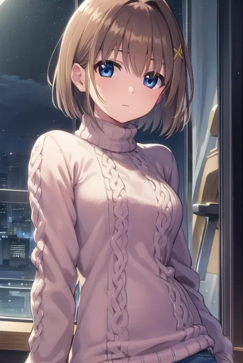hayateyagami, <lora:hayate yagami v2-lora-nochekaiser:1>,
hayate yagami, yagami hayate, short hair, blue eyes, brown hair, hair ornament, x hair ornament,
BREAK sweater, pink sweater, turtleneck, long sleeves,
BREAK outdoors, night, sky, starry sky, star \(sky\), moon,
BREAK looking at viewer, (cowboy shot:1.5),
BREAK <lyco:GoodHands-beta2:1>, (masterpiece:1.2), best quality, high resolution, unity 8k wallpaper, (illustration:0.8), (beautiful detailed eyes:1.6), extremely detailed face, perfect lighting, extremely detailed CG, (perfect hands, perfect anatomy),