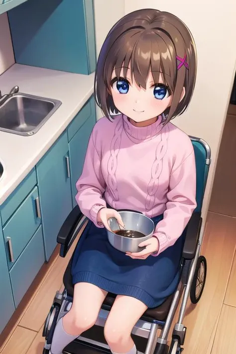 masterpiece,best quality,ultra detail,1girl, 12yo,petite,smile happy,cooking,kitchen, sink,Stove,yagami hayate, short hair, blue eyes, brown hair, hair ornament, x hair ornament,sweater, pink sweater, turtleneck, long sleeves, <lora:hayate yagami v2-lora-nochekaiser:0.7>wheelchair,from above