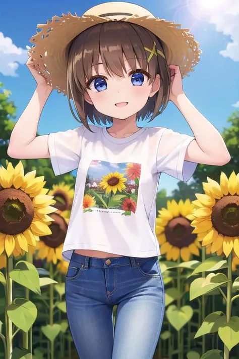 masterpiece,best quality,ultra detail,1girl, ,petismile happy,sunflower garden,straw hat,sunshine,cloud,yagami hayate, short hair, blue eyes, brown hair, hair ornament, x hair ornament,t-shirt,jeans, <lora:hayate yagami v2-lora-nochekaiser:0.7>,