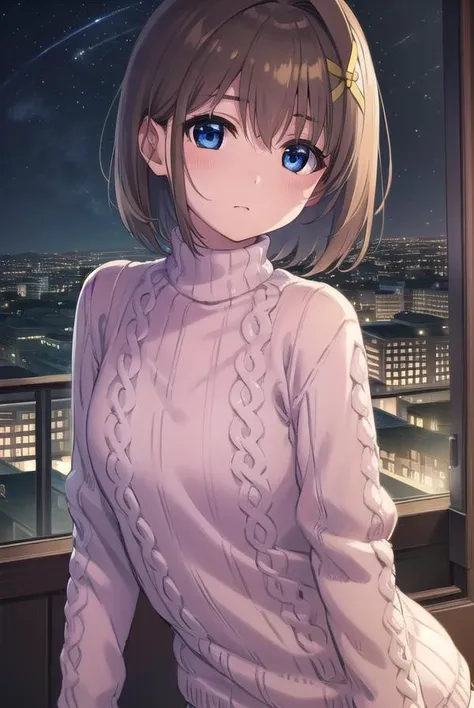 hayateyagami, <lora:hayate yagami v2-lora-nochekaiser:1>,
hayate yagami, yagami hayate, short hair, blue eyes, brown hair, hair ornament, x hair ornament,
BREAK sweater, pink sweater, turtleneck, long sleeves,
BREAK outdoors, night, sky, starry sky, star \(sky\), moon,
BREAK looking at viewer, (cowboy shot:1.5),
BREAK <lyco:GoodHands-beta2:1>, (masterpiece:1.2), best quality, high resolution, unity 8k wallpaper, (illustration:0.8), (beautiful detailed eyes:1.6), extremely detailed face, perfect lighting, extremely detailed CG, (perfect hands, perfect anatomy),