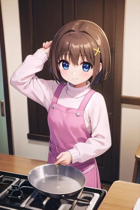 masterpiece,best quality,ultra detail,1girl, 12yo,petite,smile happy,cooking,kitchen,,table,food. sink,Stove,yagami hayate, short hair, blue eyes, brown hair, hair ornament, x hair ornament,sweater, pink sweater, turtleneck,apron, <lora:hayate yagami v2-lora-nochekaiser:0.7>,