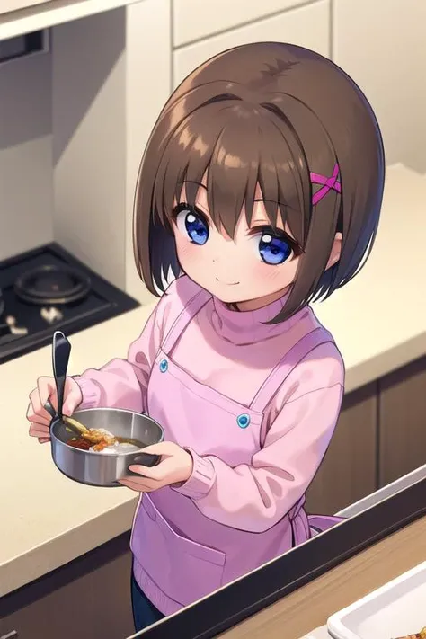 masterpiece,best quality,ultra detail,1girl, 12yo,petite,smile happy,cooking,kitchen,,table,food. sink,Stove,yagami hayate, short hair, blue eyes, brown hair, hair ornament, x hair ornament,sweater, pink sweater, turtleneck,apron, <lora:hayate yagami v2-lora-nochekaiser:0.7>,from above