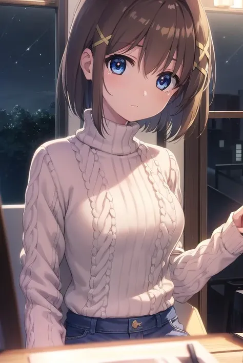 hayateyagami, <lora:hayate yagami v2-lora-nochekaiser:1>,
hayate yagami, yagami hayate, short hair, blue eyes, brown hair, hair ornament, x hair ornament,
BREAK sweater, pink sweater, turtleneck, long sleeves,
BREAK outdoors, night, sky, starry sky, star \(sky\), moon,
BREAK looking at viewer, (cowboy shot:1.5),
BREAK <lyco:GoodHands-beta2:1>, (masterpiece:1.2), best quality, high resolution, unity 8k wallpaper, (illustration:0.8), (beautiful detailed eyes:1.6), extremely detailed face, perfect lighting, extremely detailed CG, (perfect hands, perfect anatomy),