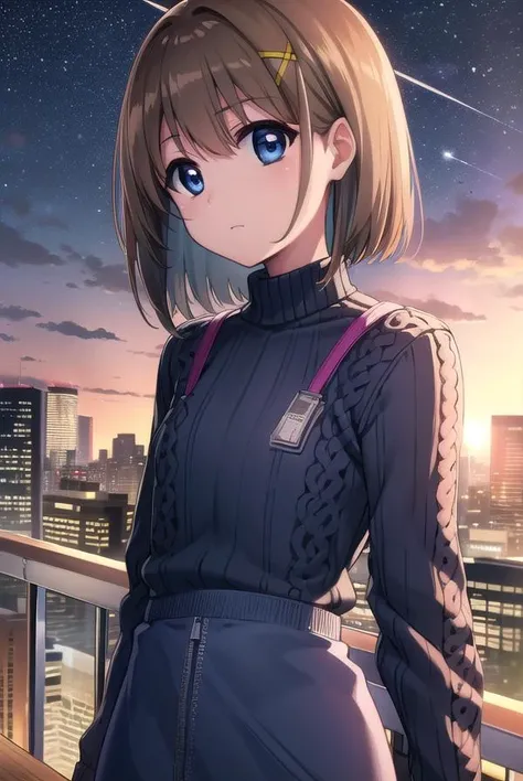 hayateyagami, <lora:hayate yagami movie2-lora-nochekaiser:1>,
hayate yagami, yagami hayate, short hair, blue eyes, brown hair, hair ornament, x hair ornament, 
BREAK sweater, pink sweater, turtleneck, long sleeves,
BREAK outdoors, city, night, starry sky,
BREAK looking at viewer, (cowboy shot:1.5),
BREAK <lyco:GoodHands-beta2:1>, (masterpiece:1.2), best quality, high resolution, unity 8k wallpaper, (illustration:0.8), (beautiful detailed eyes:1.6), extremely detailed face, perfect lighting, extremely detailed CG, (perfect hands, perfect anatomy),