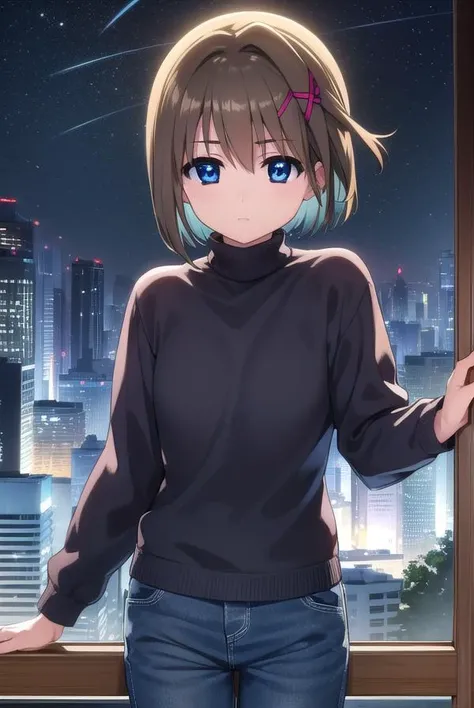 hayateyagami, <lora:hayate yagami movie2-lora-nochekaiser:1>,
hayate yagami, yagami hayate, short hair, blue eyes, brown hair, hair ornament, x hair ornament, 
BREAK sweater, pink sweater, turtleneck, long sleeves,
BREAK outdoors, city, night, starry sky,
BREAK looking at viewer, (cowboy shot:1.5),
BREAK <lyco:GoodHands-beta2:1>, (masterpiece:1.2), best quality, high resolution, unity 8k wallpaper, (illustration:0.8), (beautiful detailed eyes:1.6), extremely detailed face, perfect lighting, extremely detailed CG, (perfect hands, perfect anatomy),