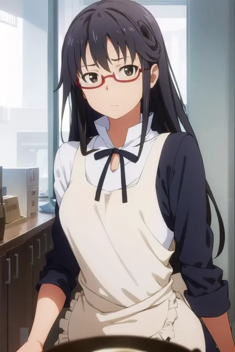 mayamatsumoto, <lora:maya matsumoto s2-lora-nochekaiser:1>,
maya matsumoto, long hair, black hair, (brown eyes:1.3), glasses, apron, semi-rimless eyewear, red-framed eyewear, under-rim eyewear,
BREAK apron, waitress,
BREAK indoors, restaurant,
BREAK looking at viewer, (cowboy shot:1.5),
BREAK <lyco:GoodHands-beta2:1>, (masterpiece:1.2), best quality, high resolution, unity 8k wallpaper, (illustration:0.8), (beautiful detailed eyes:1.6), extremely detailed face, perfect lighting, extremely detailed CG, (perfect hands, perfect anatomy),