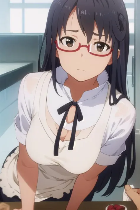 mayamatsumoto, <lora:maya matsumoto s2-lora-nochekaiser:1>,
maya matsumoto, long hair, black hair, (brown eyes:1.3), glasses, apron, semi-rimless eyewear, red-framed eyewear, under-rim eyewear,
BREAK apron, waitress,
BREAK indoors, restaurant,
BREAK looking at viewer, (cowboy shot:1.5),
BREAK <lyco:GoodHands-beta2:1>, (masterpiece:1.2), best quality, high resolution, unity 8k wallpaper, (illustration:0.8), (beautiful detailed eyes:1.6), extremely detailed face, perfect lighting, extremely detailed CG, (perfect hands, perfect anatomy),