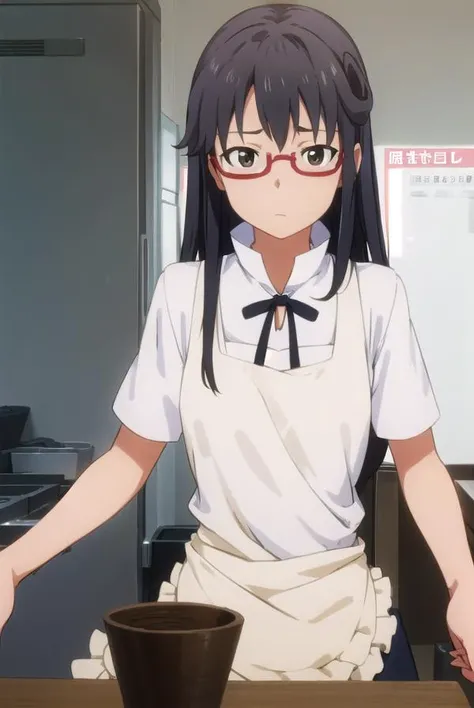 mayamatsumoto, <lora:maya matsumoto s2-lora-nochekaiser:1>,
maya matsumoto, long hair, black hair, (brown eyes:1.3), glasses, apron, semi-rimless eyewear, red-framed eyewear, under-rim eyewear,
BREAK apron, waitress,
BREAK indoors, restaurant,
BREAK looking at viewer, (cowboy shot:1.5),
BREAK <lyco:GoodHands-beta2:1>, (masterpiece:1.2), best quality, high resolution, unity 8k wallpaper, (illustration:0.8), (beautiful detailed eyes:1.6), extremely detailed face, perfect lighting, extremely detailed CG, (perfect hands, perfect anatomy),