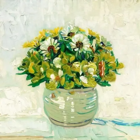 masterpiece,best quality,<lora:Van Gogh style:1.2>,oil painting,brush strokes,van gogh,potting,flower,yellow flower,green leaf,white flowerpot,white background,