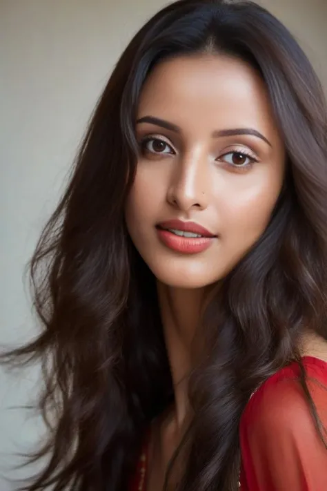 headshot photo of Tripti Dimri woman, studio quality, subsurface scattering, red indian dress, looking at camera canon 5D, realistic skin texture, flowing hair, simple background<lora:Tripti_Dimri_SDXL:1>