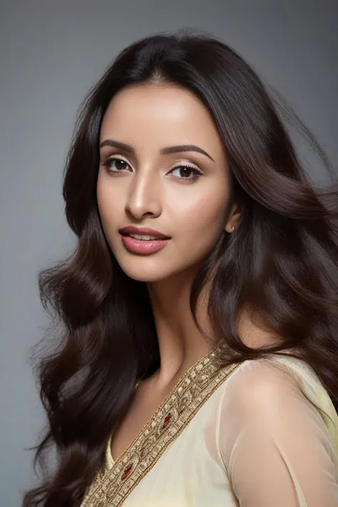 headshot photo of Tripti Dimri woman, studio quality, subsurface scattering, in indian dress, looking at camera canon 5D, realistic skin texture, flowing hair, simple background<lora:Tripti_Dimri_SDXL:1>