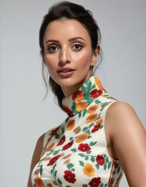 fully body photo of tripti dimri woman, studio quality, subsurface scattering, high collar colorful indian dress, canon 5D, realistic skin texture, skindentation, flat white background <lora:Tripti_Dimri_SDXL:1>