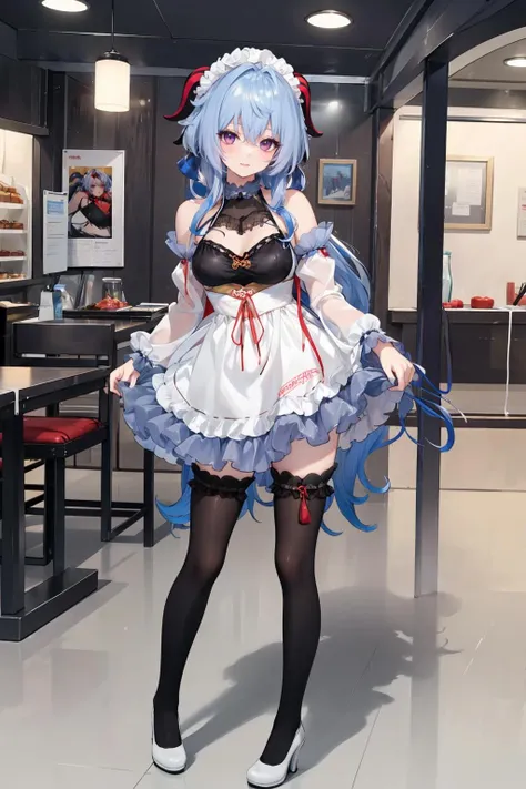 standing,FA,(MP-E, macro, 65mm, f/2.8),ultra realistic,32k,RAW photo,(high detailed skin:1.2),8k uhd,high quality,Ganyu_maid, 1girl, ganyu \(genshin impact\), solo, blue hair, thighhighs, twin horn, detached sleeves, purple eyes, maid dress,full body, long hair, black knee socks, cosplay, alternate costume, looking at viewer, bangs, maid headdress, bare shoulder, white high heels <lora:Ganyu maid_20230912145210-000007:0.8>