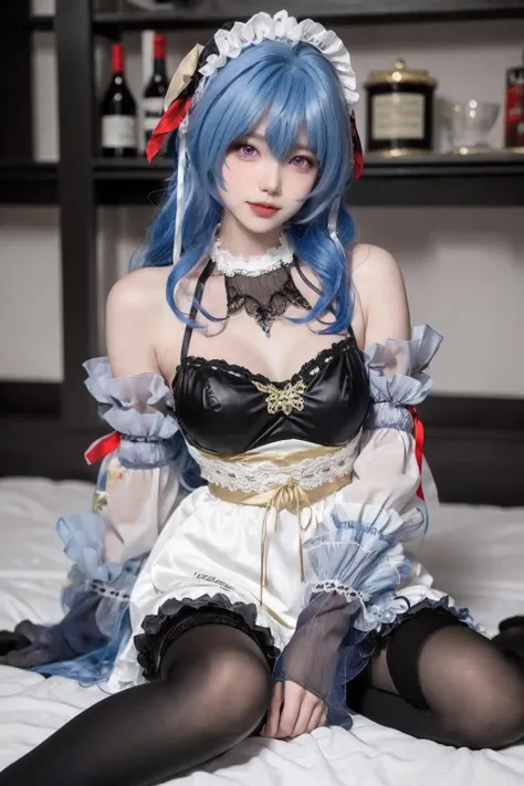 (1 Girl, English Maid, Cute, anatomically correct:1.5), UHD, masterpiece, textured skin, super detail, high details, high quality, best quality, 16k, 8k, (Solo Focus, Alone, Woman, Only 1 Girl:1.8), Large Breasts, (Maid, Mini Skirt, Ruffled Maid Headband, Ruffle blouse, Ribbon Ties, aprons, Long skirt, Puff sleeves, White silk ankle socks, frilld:1.3), (Blue Hair, Bub Haircut, WetHair, Blue Eyes :1.3), (In The Bed Room At Night), Cowboy Shot, (Cinematic light), SSCI - FI e Fantasia, intrincado e muito bonito e elegante, altamente detalhado, pintura digital, art-station, arte conceitual, smooth and sharp focus, illustration, Arte de Tan Zi e Ayanamikodon e Alphonse Mucha e Wlop
