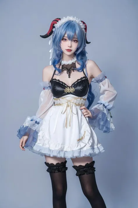 standing,FA,(MP-E, macro, 65mm, f/2.8),ultra realistic,32k,RAW photo,(high detailed skin:1.2),8k uhd,high quality,Ganyu_maid, 1girl, ganyu \(genshin impact\), solo, blue hair, thighhighs, twin horn, detached sleeves, purple eyes, maid dress, full body, long hair, black knee socks, cosplay, alternate costume, looking at viewer, bangs, realistic, maid headdress, bare shoulder, white high heels <lora:Ganyu maid_20230912145210-000007:0.8>