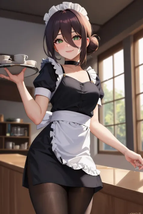 (masterpiece, best quality:1.2), solo, 1girl, csmreze, smile, looking at viewer, holding tray, single hair bun, maid headdress, maid, black dress, apron, pantyhose, choker <lora:csm_reze:1.0>