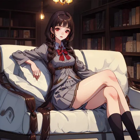 Masterpiece, best quality, illustration: 1.4, (extremely detailed CG unified 4k wallpaper), (movie lighting), 1 girl, 18 years old, chestnut hair, waist length hair, 3/4 bangs, red tie, brown coat, liver checkered pleated skirt, girl, campus, black calf socks, leather shoes