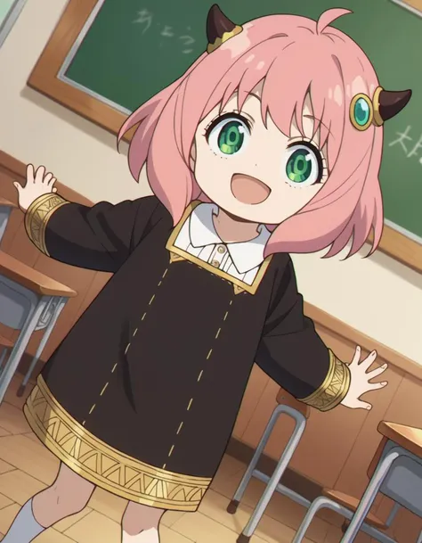 score_9, score_8_up, score_7_up, source_anime,
anyaforger, <lora:anya-forger-ponyxl-lora-nochekaiser:1>,
anya forger, anya forger, bangs, green eyes, pink hair, ahoge, hair ornament, horns, child, female child, smile, open mouth,
long sleeves, dress, school uniform, socks, black dress, eden academy school uniform,
indoors, classroom,
looking at viewer, cowboy shot, dutch angle, dynamic pose,