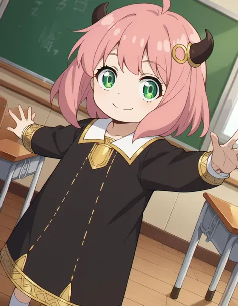 score_9, score_8_up, score_7_up, source_anime,
anyaforger, <lora:anya-forger-ponyxl-lora-nochekaiser:1>,
anya forger, anya forger, bangs, green eyes, pink hair, ahoge, hair ornament, horns, small horns, child, female child, smile,
long sleeves, dress, school uniform, socks, black dress, eden academy school uniform,
indoors, classroom,
looking at viewer, cowboy shot, dutch angle, dynamic pose,