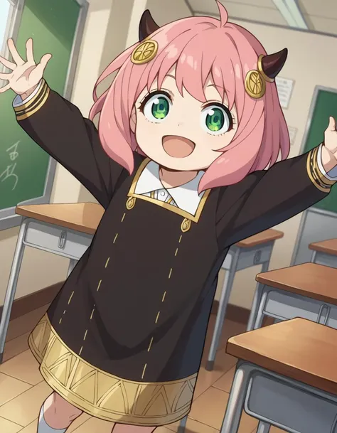 score_9, score_8_up, score_7_up, source_anime,
anyaforger, <lora:anya-forger-ponyxl-lora-nochekaiser:1>,
anya forger, anya forger, bangs, green eyes, pink hair, ahoge, hair ornament, horns, small horns, child, female child, smile, open mouth,
long sleeves, dress, school uniform, socks, black dress, eden academy school uniform,
indoors, classroom,
looking at viewer, cowboy shot, dutch angle, dynamic pose,