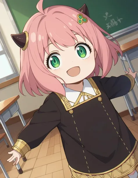 score_9, score_8_up, score_7_up, source_anime,
anyaforger, <lora:anya-forger-ponyxl-lora-nochekaiser:1>,
anya forger, anya forger, bangs, green eyes, pink hair, ahoge, hair ornament, horns, small horns, child, female child, smile, open mouth,
long sleeves, dress, school uniform, socks, black dress, eden academy school uniform,
indoors, classroom,
looking at viewer, cowboy shot, dutch angle, dynamic pose,