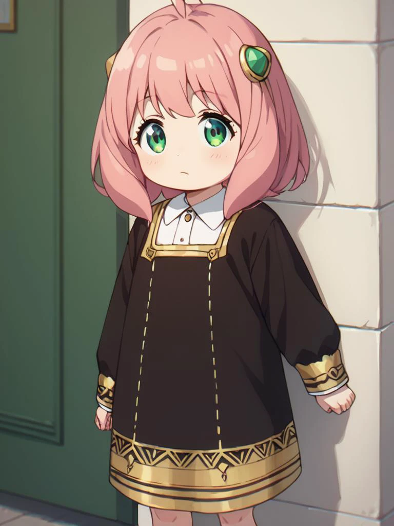 score_6_up, score_7_up, score_8_up, score_9, masterpiece, perfect face, perfect hands, high quality, <lora:anya-forger-ponyxl-lora-nochekaiser:1> anya forger, anya forger, bangs, green eyes, pink hair, ahoge, hair ornament, hairpods, child, female child, long sleeves, dress, school uniform, socks, black dress, eden academy school uniform,