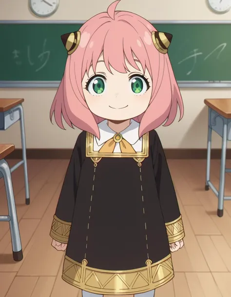 score_9, score_8_up, score_7_up, source_anime,
anyaforger, <lora:anya-forger-ponyxl-lora-nochekaiser:1>,
anya forger, anya forger, bangs, green eyes, pink hair, ahoge, hair ornament, hairpods, child, female child, smile,
long sleeves, dress, school uniform, socks, black dress, eden academy school uniform,
indoors, classroom,
looking at viewer, cowboy shot, dutch angle,