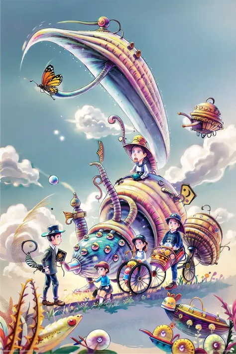 <lora:fairy tale:1>,a painting of a snail and a carriage with people