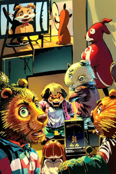 <lora:fairy tale:1>,a group of cartoon animals standing in front of a tv
