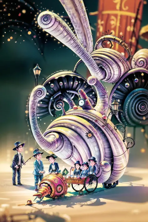 <lora:fairy tale:1>,a painting of a snail and a carriage with people