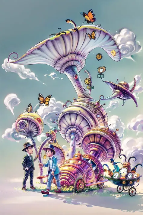 <lora:fairy tale:1>,a painting of a snail and a carriage with people