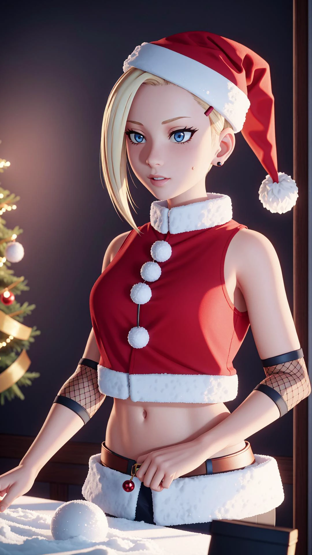 <lora:edgSnowStyle:0.8> edgSnow, tree, snow, christmas tree, (santa hat:1.15), BREAK, <lora:naruto_inoyamanaka-10:0.8> yamanaka ino, 1girl, hair over one eye, ponytail, hairclip, crop top, sleeveless, skirt, fishnets, earrings, midriff, BREAK,, masterpiece, best quality, extremely detailed, highly quality, 4k, sharp focus, professional, sharp focus, award winning, cinematic lighting, octane render, unreal engine, volumetrics dtx, Wallpaper,