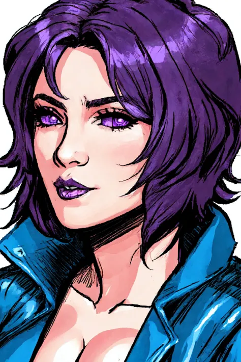 Larocca Art Style, 1girl, solo, short hair, large breasts, blue dress, leather jacket, purple eyes, purple hair, portrait, <lora:Salvador_Larocca-FIX:0.5>