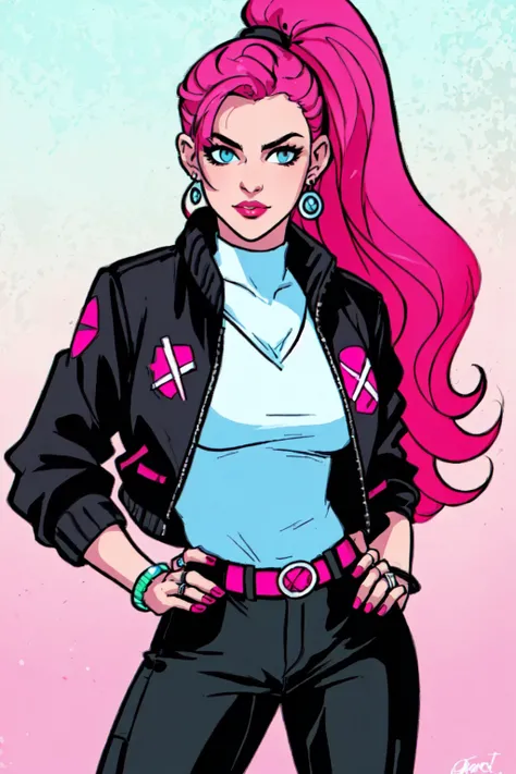 Larocca Art Style,1girl, solo, long hair, looking at viewer, shirt, black hair, jewelry, jacket, ponytail, pink hair, multicolored hair, earrings, belt, pants, vest, black jacket, hand on hip, gradient hair, black pants, ring, <lora:Salvador_Larocca-FIX:0.7>