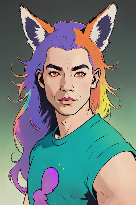 Larocca Art Style, solo, 1boy, animal ears, hair over ears, long hair, red eyes, tail, upper body, blue hair, green hair, purple hair, gradient, multicolored hair, male focus, tshirt, jeans, fox ears, fox tail, official art, best quality, portrait, <lora:Salvador_Larocca-FIX:0.6>