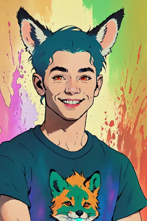 Larocca Art Style, solo, smile, 1boy, animal ears, red eyes, tail, upper body, blue hair, green hair, purple hair, gradient, multicolored hair, male focus, tshirt, jeans, fox ears, fox tail, official art, best quality, portrait <lora:Salvador_Larocca-FIX:0.6>
