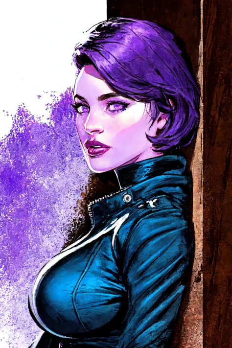 Larocca Art Style, 1girl, solo, short hair, large breasts, blue dress, leather jacket, purple eyes, purple hair, portrait, <lora:Salvador_Larocca-FIX:0.6>