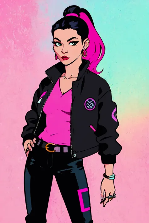 Larocca Art Style, 1girl, solo, long hair, looking at viewer, shirt, black hair, jewelry, jacket, ponytail, pink hair, multicolored hair, earrings, belt, pants, vest, black jacket, hand on hip, gradient hair, black pants, ring, official art, best quality, <lora:Salvador_Larocca-FIX:0.7>