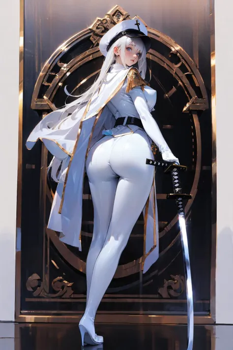 1girl,solo,<lora:GoodHands-beta2:1>,medium breasts,(full body:1.3),<lora:0111 white leather inquisitor_v1:1>,ruanyi0111,belt,white bodysuit,thigh boots,white gloves,katana,(from behind:1.2),white cloak,, (masterpiece, best quality, hires, high quality, by professional artist, ultra detailed, extremely detailed, absurdres, incredibly resolution:1.2), good hands, perfect hands,