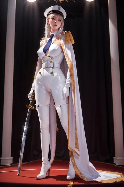 highres,absurdres,masterpiece,best quality,original,extremely detailed CG,extremely detailed wallpaper,perfect lighting,(standing on the stage),blurry background,looking at viewer,
<lora:0111 white leather inquisitor_v1:0.6>,ruanyi0111,belt,white bodysuit,thigh boots,white gloves,katana,white cloak,sheathed,necktie,<lora:GoodHands-beta2:1>,