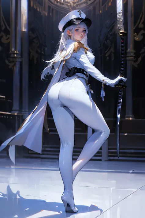1girl,solo,<lora:GoodHands-beta2:1>,medium breasts,(full body:1.3),<lora:0111 white leather inquisitor_v1:1>,ruanyi0111,belt,white bodysuit,thigh boots,white gloves,katana,(from behind:1.2),white cloak,, (masterpiece, best quality, hires, high quality, by professional artist, ultra detailed, extremely detailed, absurdres, incredibly resolution:1.2), good hands, perfect hands,