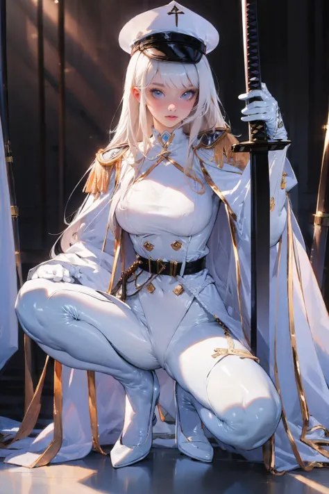 1girl,solo,<lora:GoodHands-beta2:1>,medium breasts,(thigh gap:1.2),(full body:1.3),<lora:0111 white leather inquisitor_v1:1>,ruanyi0111,belt,white bodysuit,thigh boots,white gloves,katana,white cloak,sheathed,squatting,, (masterpiece, best quality, hires, high quality, by professional artist, ultra detailed, extremely detailed, absurdres, incredibly resolution:1.2), good hands, perfect hands,