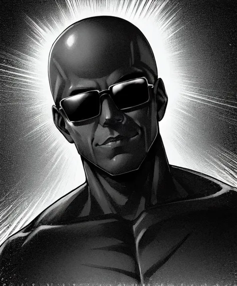 (man:1.4), in the style of <lora:marvin:0.45>, manga, monochrome, greyscale, muscular, sun glasses, black, (dark skin, african american:1.4), chiseled face, big lips, portrait, (bald:1.3), topless, no shirt, evil grin, teeth
