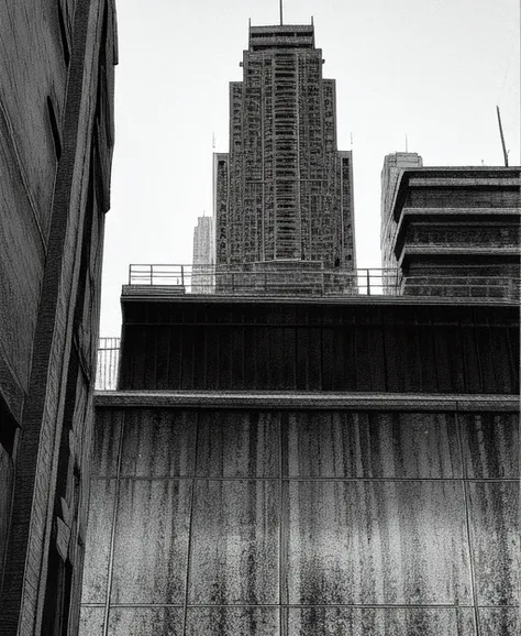 in the style of <lora:marvin:0.45>, manga, monochrome, greyscale, looking up, building, city street