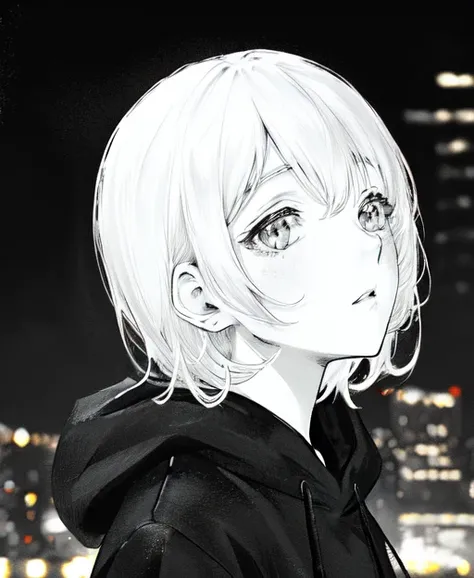 (male:1.5), in the style of <lora:marvin:0.45>, manga, medium shot, looking up, sideways view, hoodie, short hair, solo, (city background, lights, blurred:1.2), greyscale, monochrome, detailed face