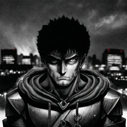 gut \(berserk\), in the style of <lora:mangaGeneralStyleLora_v10Mature:0.45>, manga, medium shot, looking up, sideways view, hoodie, short hair, solo, (city background, lights, blurred:1.2), greyscale, monochrome, detailed face, right eye closed
<lora:guts-berserk:1>