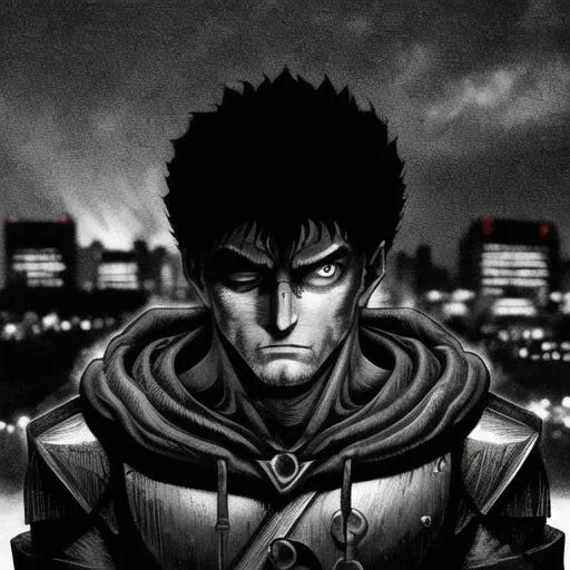 gut \(berserk\), in the style of <lora:mangaGeneralStyleLora_v10Mature:0.45>, manga, medium shot, looking up, sideways view, hoodie, short hair, solo, (city background, lights, blurred:1.2), greyscale, monochrome, detailed face, right eye closed
<lora:guts-berserk:1>