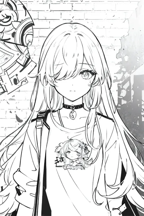 best quality, intricate details, lineart, monochrome,
1girl, long hair, black hair, messy hair, hair over one eye, sharp eyes,
choker, shirt, torn legwear, open jacket,
against wall, brick wall, graffiti, dim lighting, alley
<lora:animeLineartStyle_v20Offset:0.8>